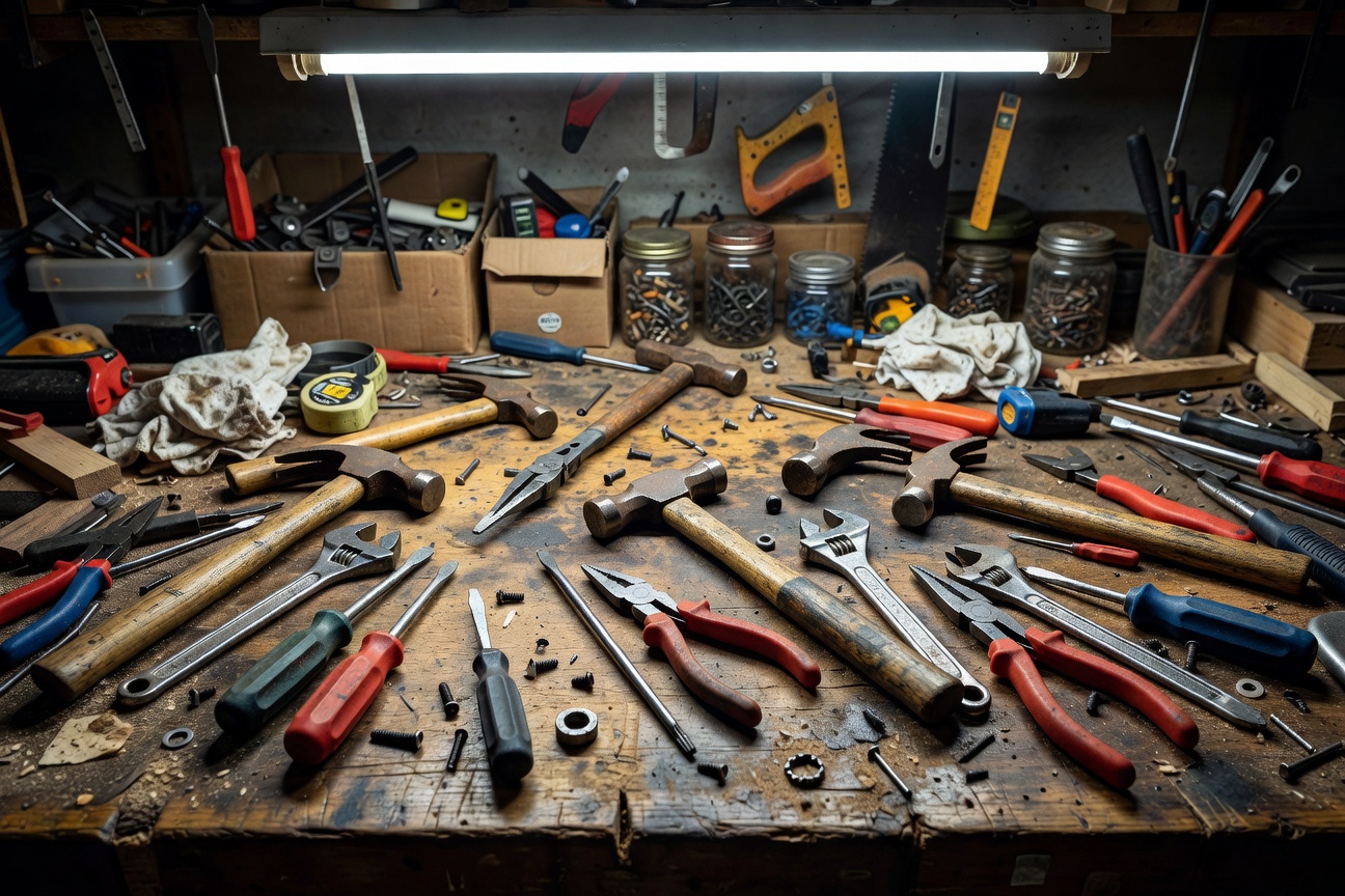 Professional workshop tools arranged on a workbench
